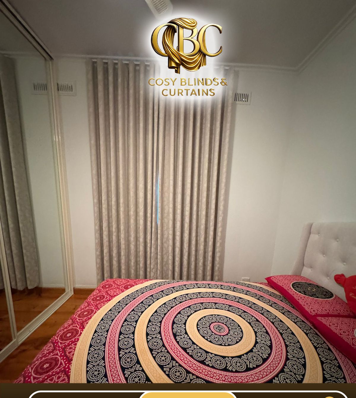 Pencil-pleat curtains in a guest bedroom