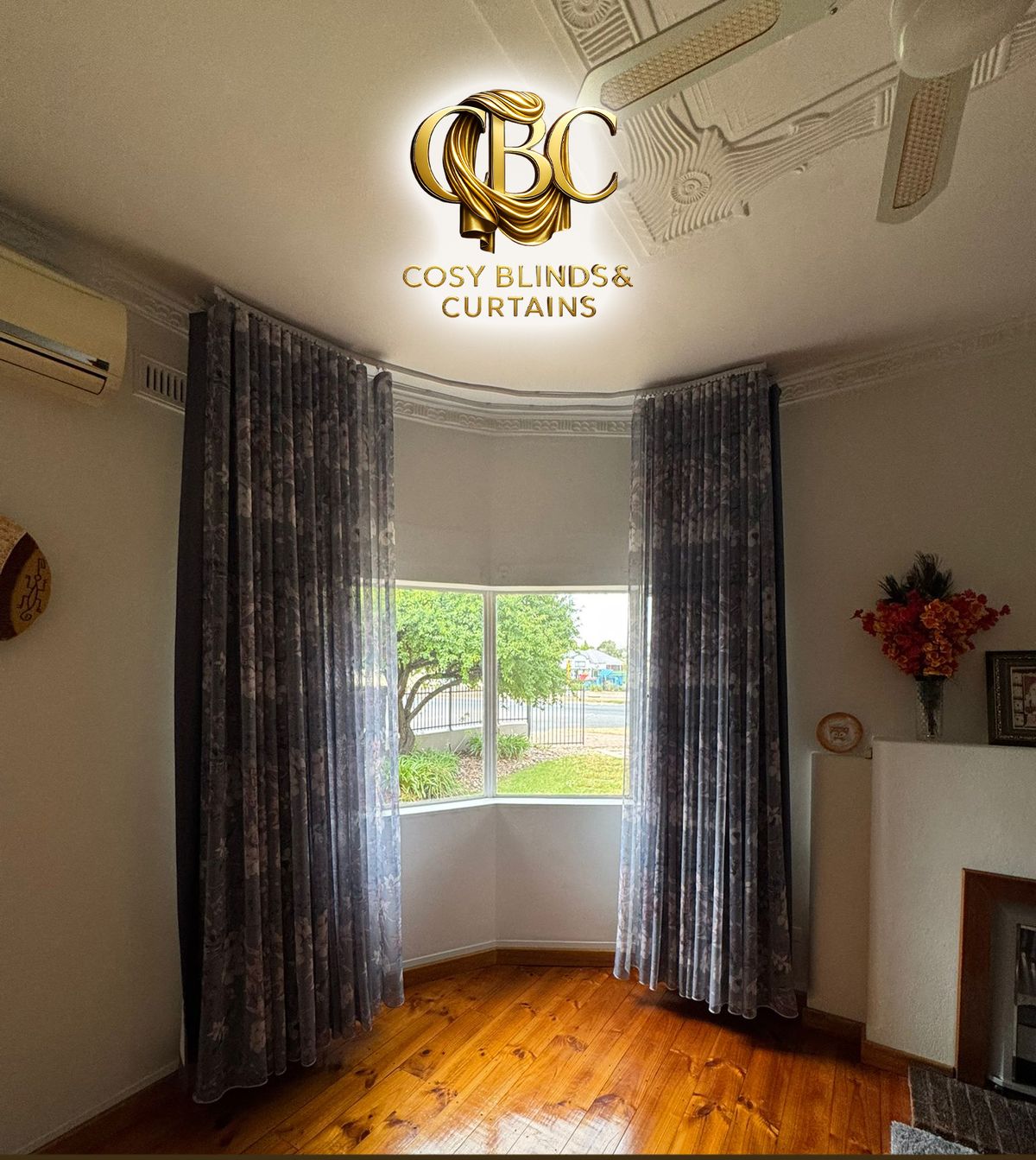 Drapes fitted to the bay window of a character home