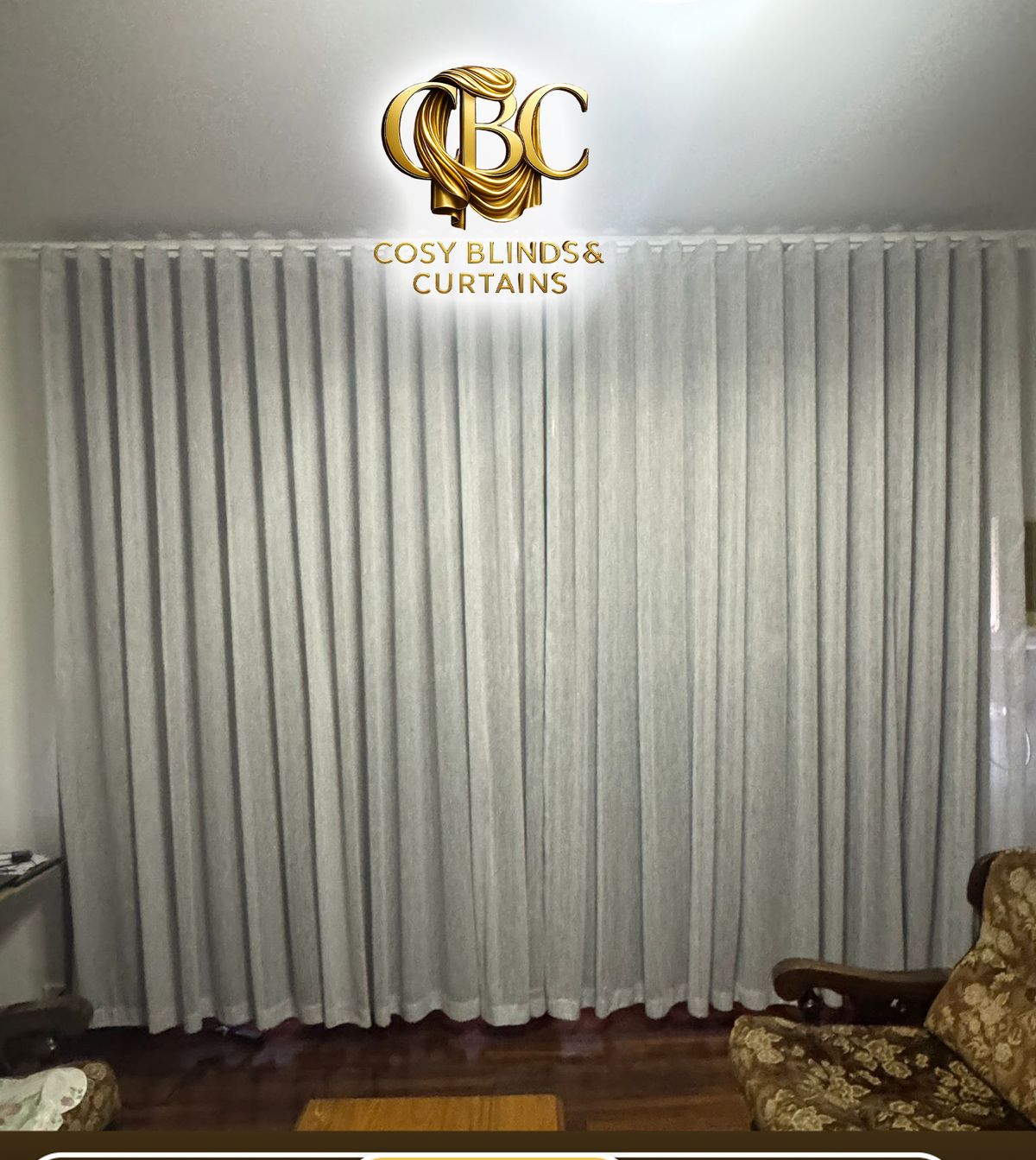 Made-to-measure curtains across the full wall