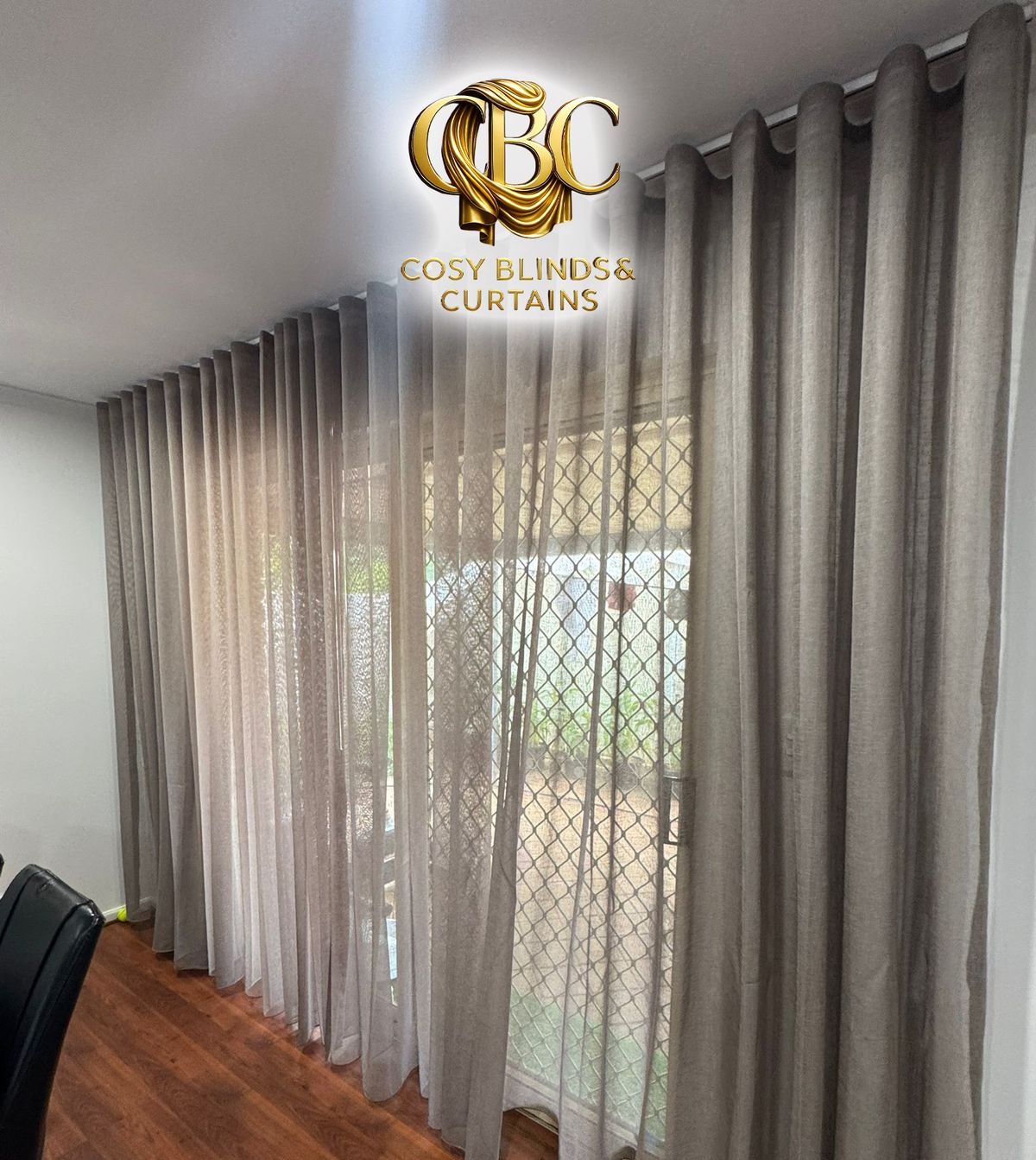 Grey sheers over sliding patio doors