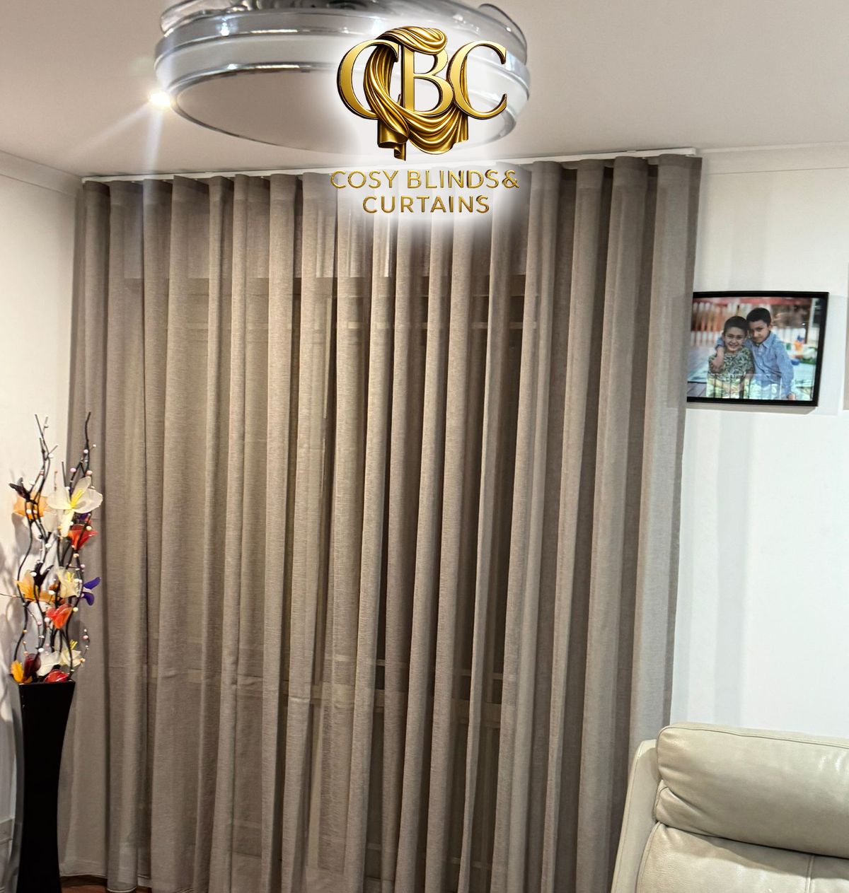 Textured sheers drawn across a lounge wall